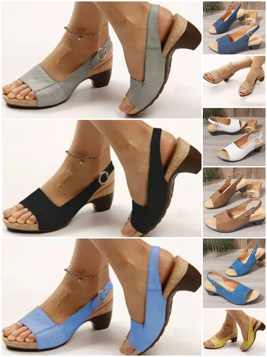 Frühling und Sommer Neu Fisch Mund Strand Dick Absatz Eins Wort Schnalle Einfach Dick Absatz Hoher Absatz Damen Pantolette