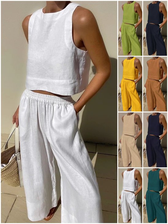 Damen Unifarben Zweiteiliges Set Täglich Ärmellos Lässig Sommer Bluse mit Hose Matching Set