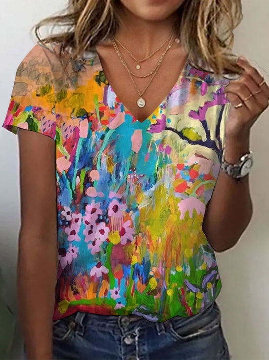 Damen Geblümt Kurzarm T-Shirts T-Shirt V-Ausschnitt Print Lässig Sommer T-Shirt mit Grafik Oberteile