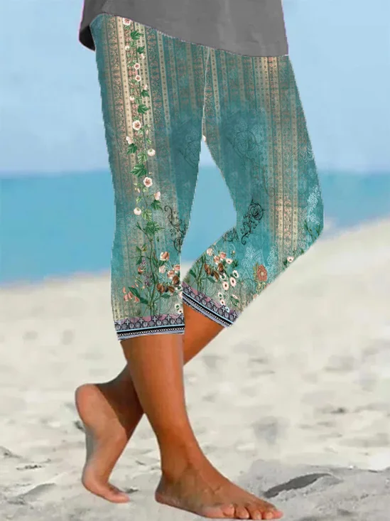 Damen Geblümt Caprihosen Elastische Taille Hose Lässig Sommer Hose