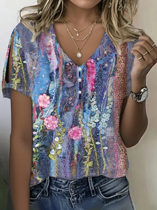 Damen Geblümt Kurzarm T-Shirts T-Shirt V-Ausschnitt Print Lässig Sommer T-Shirt mit Grafik Oberteile
