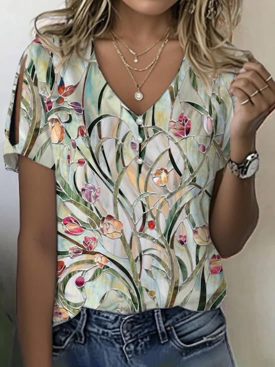 Damen Geblümt Kurzarm T-Shirts T-Shirt V-Ausschnitt Print Lässig Sommer T-Shirt mit Grafik Oberteile