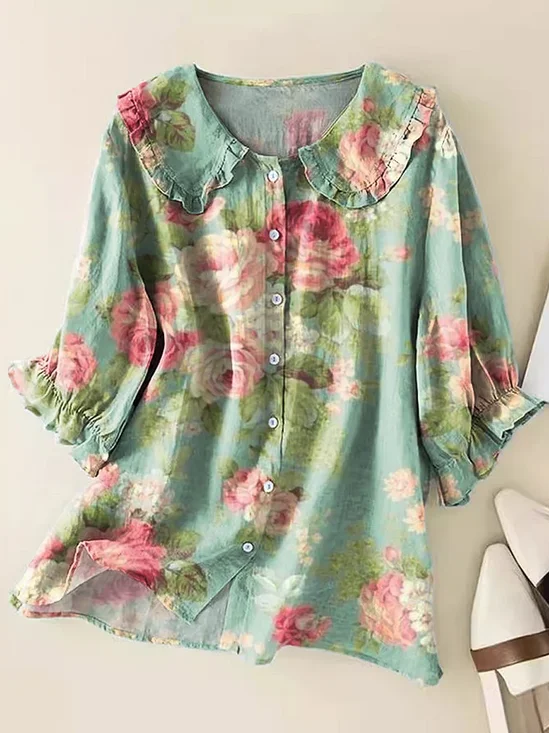 Damen Geblümt Kurzarm Bluse Sommer Print Schalkragen Täglich Lässig Oberteile