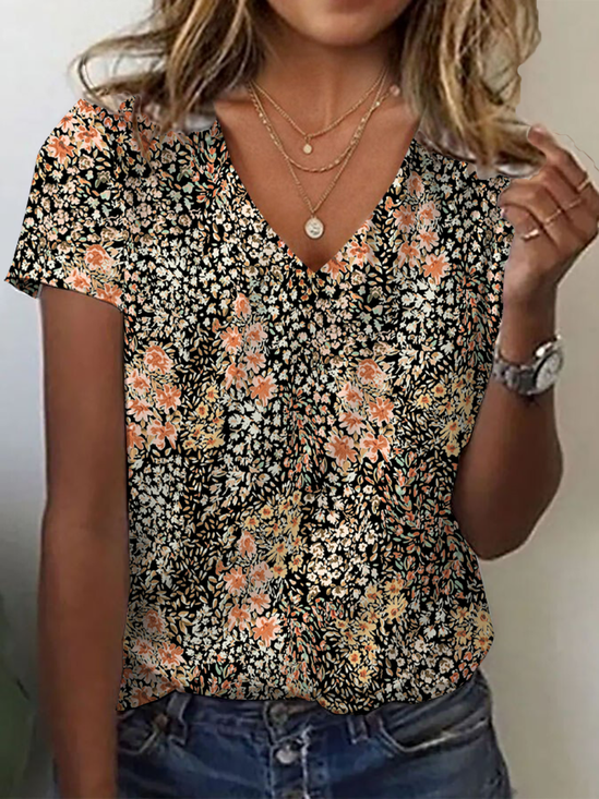 Damen Geblümt Kurzarm T-Shirts T-Shirt V-Ausschnitt Print Lässig Sommer T-Shirt mit Grafik Oberteile