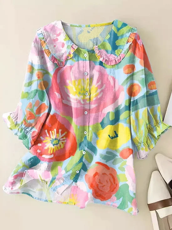 Damen Geblümt Kurzarm Bluse Sommer Print Schalkragen Täglich Lässig Oberteile