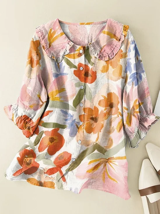 Damen Geblümt Kurzarm Bluse Sommer Print Schalkragen Täglich Lässig Oberteile