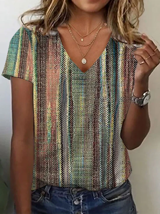 Damen Gestreift Kurzarm T-Shirts T-Shirt V-Ausschnitt Print Lässig Sommer T-Shirt mit Grafik Oberteile