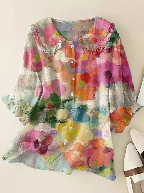 Damen Geblümt Kurzarm Bluse Sommer Print Schalkragen Täglich Lässig Oberteile