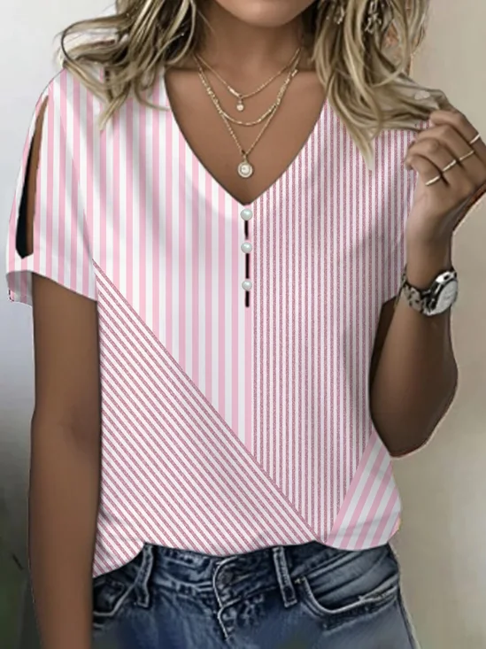 Damen Gestreift Kurzarm T-Shirts T-Shirt V-Ausschnitt Print Lässig Sommer T-Shirt mit Grafik Oberteile
