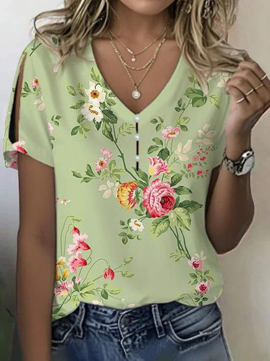 Damen Geblümt Kurzarm T-Shirts T-Shirt V-Ausschnitt Print Lässig Sommer T-Shirt mit Grafik Oberteile
