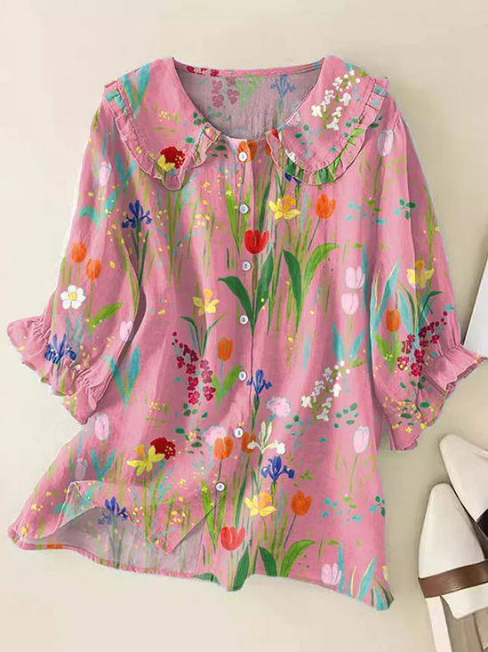 Damen Geblümt Kurzarm Bluse Sommer Print Schalkragen Täglich Lässig Oberteile