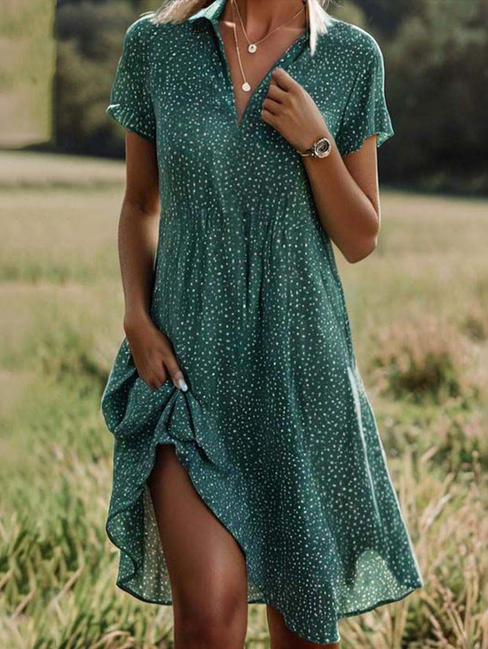 Damen Polka Dots Kurzarm Sommer Print Kleid Schalkragen Täglich Lässig Knielänge A-Linien-Kleid