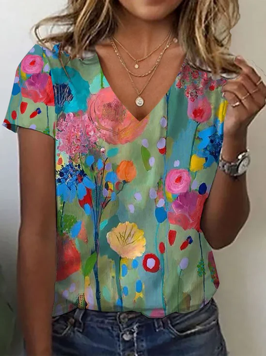 Damen Geblümt Kurzarm T-Shirts T-Shirt V-Ausschnitt Print Lässig Sommer T-Shirt mit Grafik Oberteile