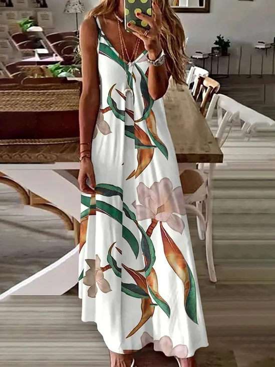 Damen Geblümt Ärmellos Sommer Print Kleid V-Ausschnitt Täglich Lässig Maxikleid Unterhose Kleid X-Linie Kleid