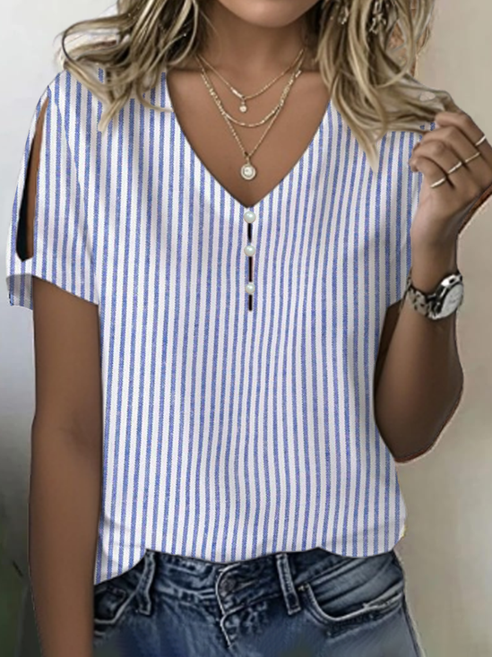 Damen Gestreift Kurzarm T-Shirts T-Shirt V-Ausschnitt Print Lässig Sommer T-Shirt mit Grafik Oberteile