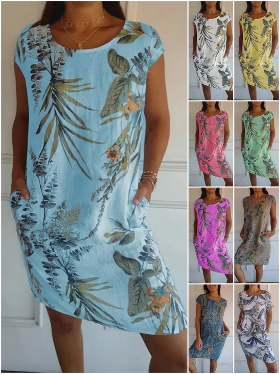 Damen Blätter Ärmellos Sommer Taschennähen Kleid Rundhals Täglich Lässig Mini Passen & Flare Kleid A-Linien-Kleid