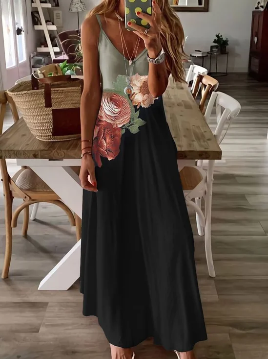 Damen Geblümt Ärmellos Sommer Print Kleid V-Ausschnitt Täglich Lässig Maxikleid Unterhose Kleid X-Linie Kleid
