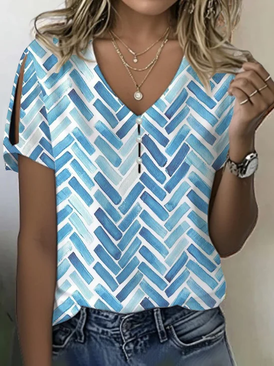 Damen Geometrisch Kurzarm T-Shirts T-Shirt V-Ausschnitt Print Lässig Sommer T-Shirt mit Grafik Oberteile