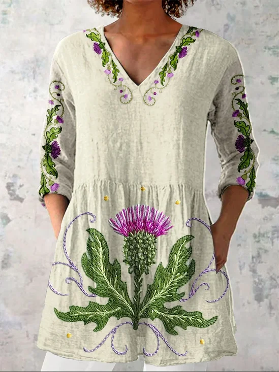 Damen Geblümt Langarm Bluse Frühling/Herbst Print V-Ausschnitt Täglich Lässig Oberteile