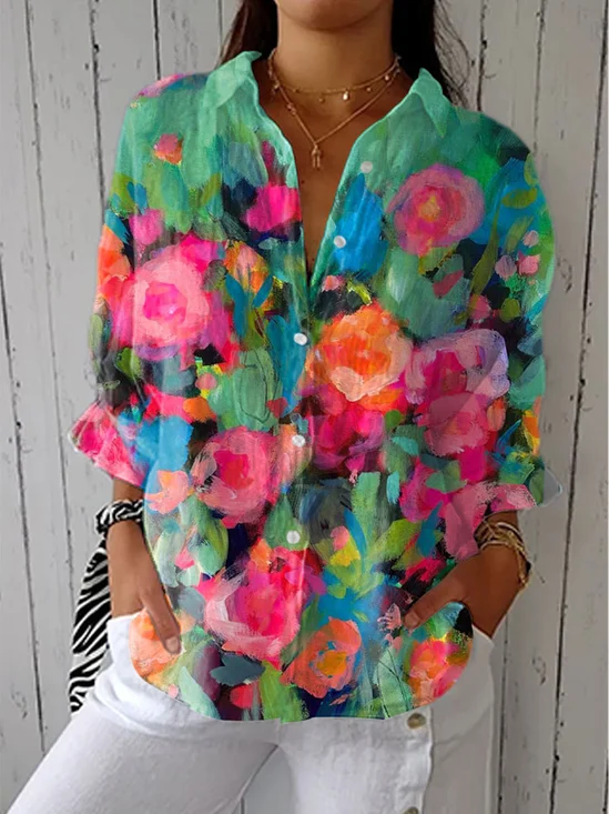 Damen Geblümt Dreiviertelärmel Bluse Frühling/Herbst Print Hemdkragen Täglich Lässig Oberteile