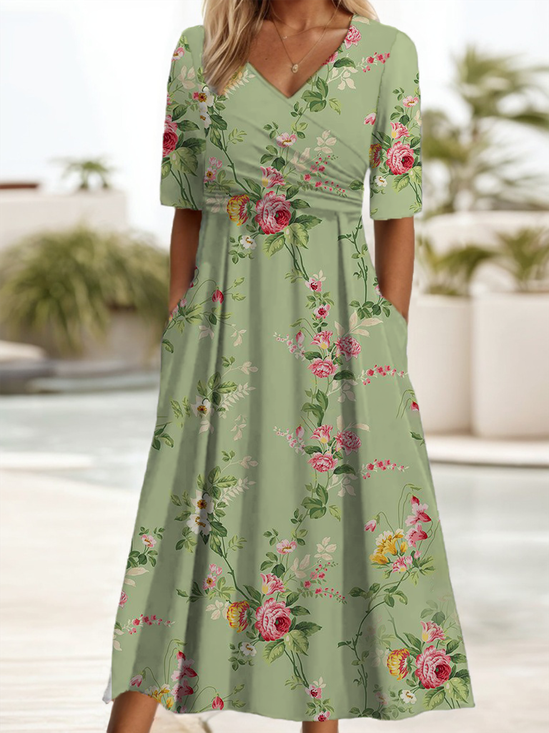 Damen Geblümt Kurzarm Sommer Print Kleid V-Ausschnitt Täglich Lässig Maxikleid A-Linien-Kleid