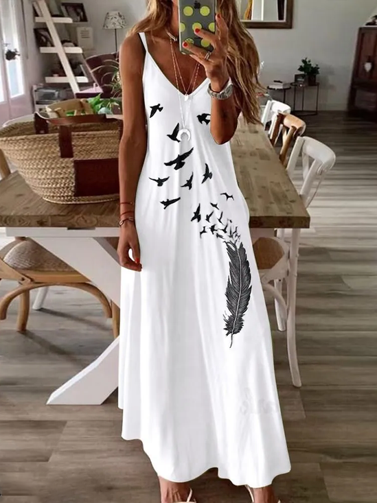 Damen Vogel Ärmellos Sommer Print Kleid V-Ausschnitt Täglich Lässig Maxikleid Unterhose Kleid X-Linie Kleid