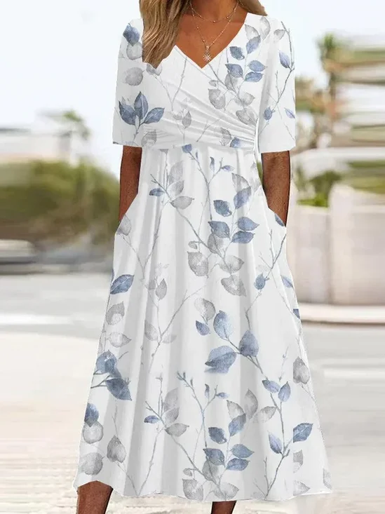Damen Geblümt Kurzarm Sommer Print Kleid V-Ausschnitt Täglich Lässig Maxikleid A-Linien-Kleid