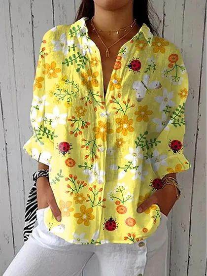Damen Geblümt Dreiviertelärmel Bluse Frühling/Herbst Print Hemdkragen Täglich Lässig Oberteile