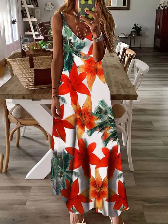 Damen Geblümt Ärmellos Sommer Print Kleid V-Ausschnitt Täglich Lässig Maxikleid Unterhose Kleid X-Linie Kleid