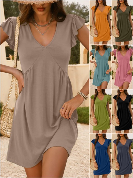 Damen Unifarben Kurzarm Sommer Kleid V-Ausschnitt Täglich Lässig Knielänge Rüschenrock A-Linien-Kleid