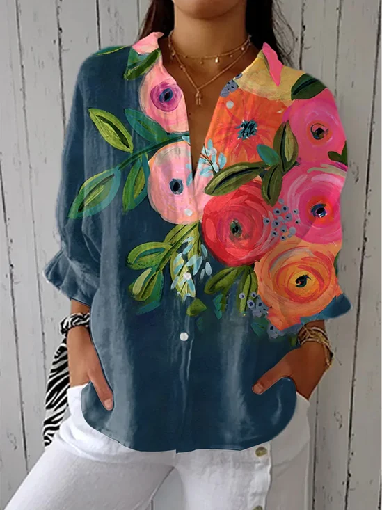 Damen Geblümt Dreiviertelärmel Bluse Frühling/Herbst Print Hemdkragen Täglich Lässig Oberteile