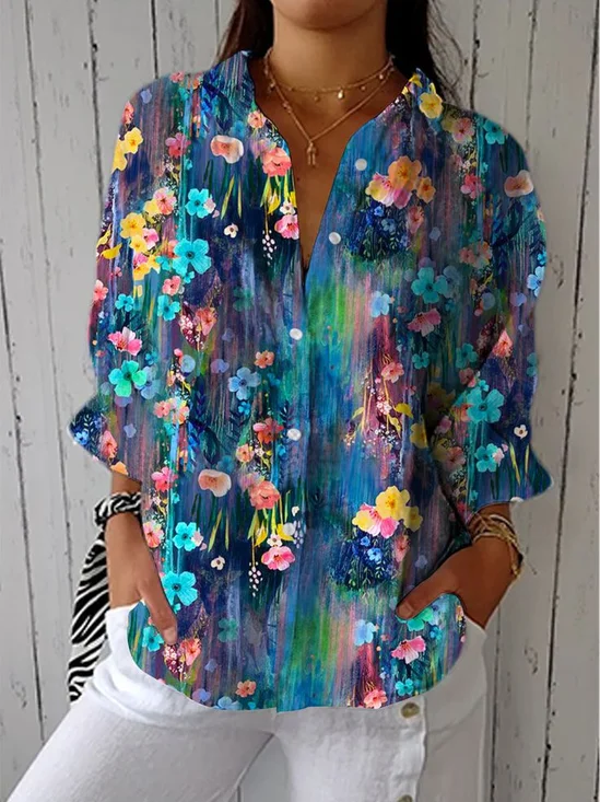 Damen Geblümt Dreiviertelärmel Bluse Frühling/Herbst Print Hemdkragen Täglich Lässig Oberteile
