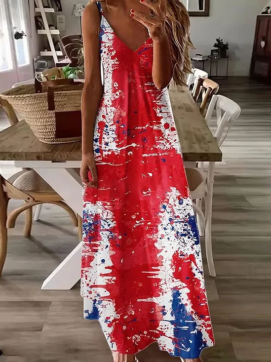 Damen Tag der Unabhängigkeit (Flagge) Ärmellos Sommer Print Kleid V-Ausschnitt Täglich Lässig Maxikleid Unterhose Kleid X-Linie Kleid