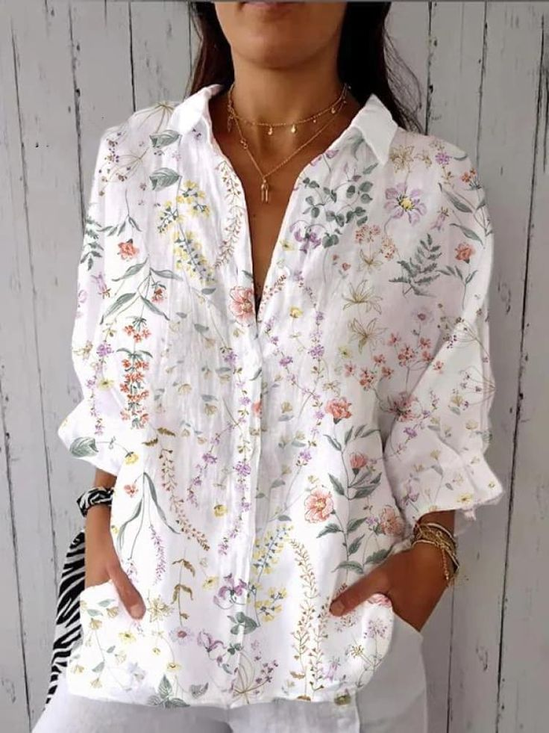 Damen Geblümt Dreiviertelärmel Bluse Frühling/Herbst Print Hemdkragen Täglich Lässig Oberteile