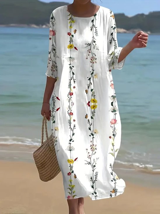 Damen Geblümt Kurzarm Sommer Kleid Rundhals Täglich Lässig Maxikleid A-Linien-Kleid