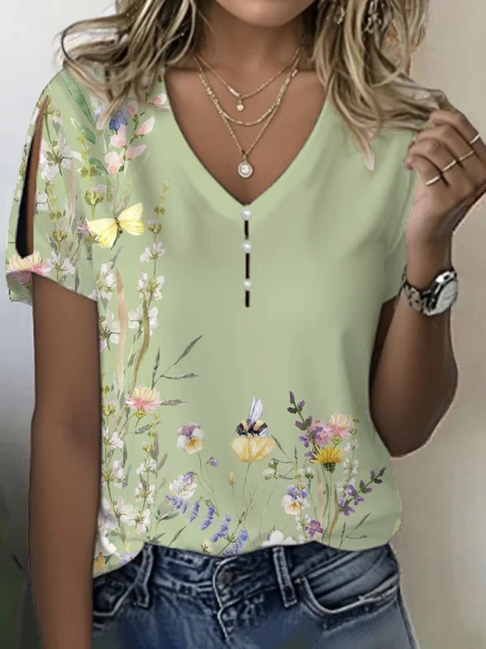 Damen Geblümt Kurzarm T-Shirts T-Shirt V-Ausschnitt Print Lässig Sommer T-Shirt mit Grafik Oberteile