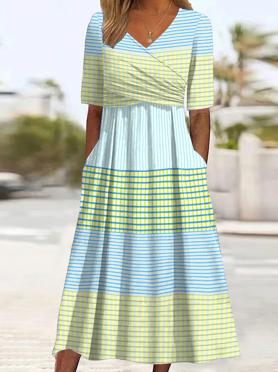 Damen Gestreift Kurzarm Sommer Print Kleid V-Ausschnitt Täglich Lässig Maxikleid A-Linien-Kleid
