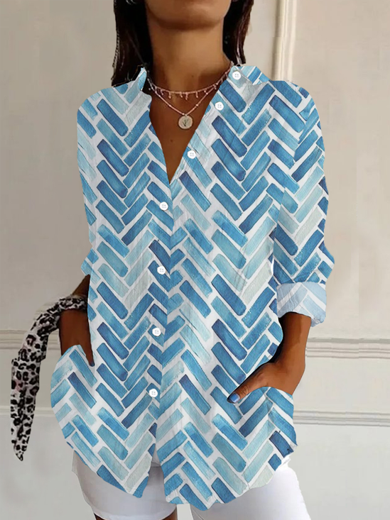Damen Geometrisch Langarm Bluse Frühling/Herbst Schnalle Hemdkragen Täglich Lässig Oberteile