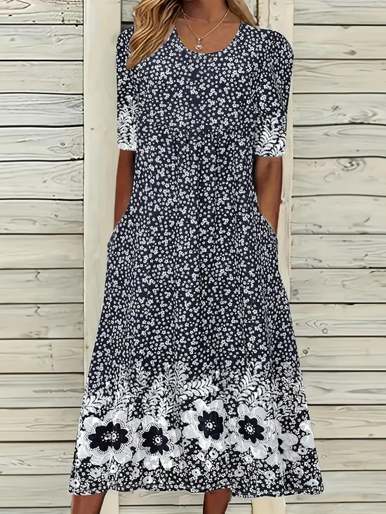 Damen Geblümt Kurzarm Sommer Print Kleid Rundhals Täglich Lässig Maxikleid Etuikleid H-Linie Kleid