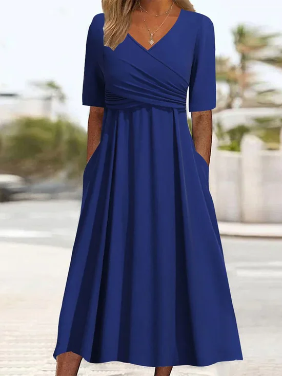 Damen Unifarben Kurzarm Sommer Print Kleid V-Ausschnitt Täglich Lässig Maxikleid A-Linien-Kleid