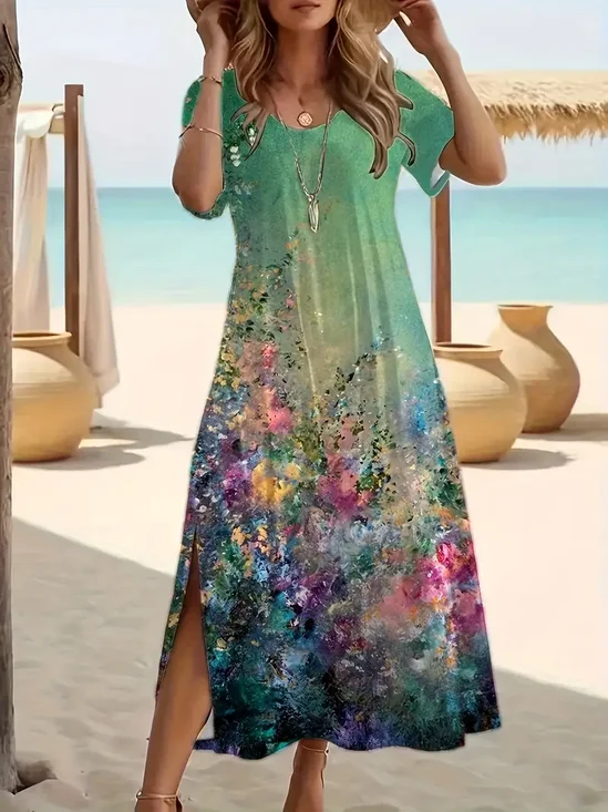 Damen Geblümt Kurzarm Sommer Print Kleid Rundhals Täglich Lässig Maxikleid Passen & Flare Kleid A-Linien-Kleid