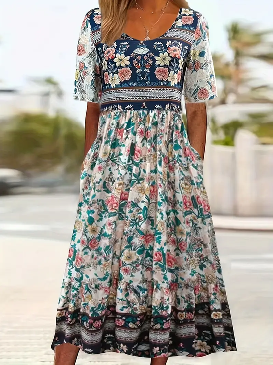 Damen Geblümt Kurzarm Sommer Print Kleid Rundhals Täglich Lässig Maxikleid Etuikleid H-Linie Kleid
