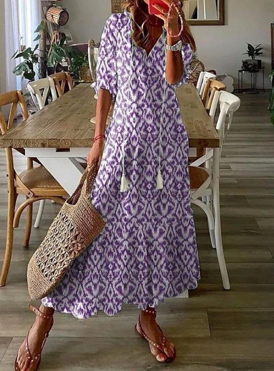 Damen Geometrisch Halbarm Sommer Kleid V-Ausschnitt Täglich Lässig Maxikleid Blusenkleid A-Linien-Kleid