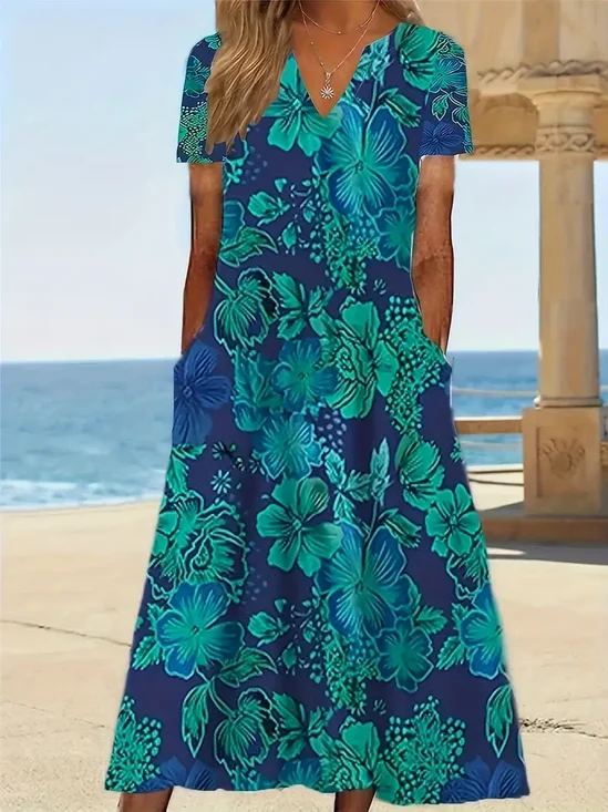 Damen Geblümt Kurzarm Sommer Print Kleid V-Ausschnitt Täglich Lässig Maxikleid Passen & Flare Kleid H-Linie Kleid