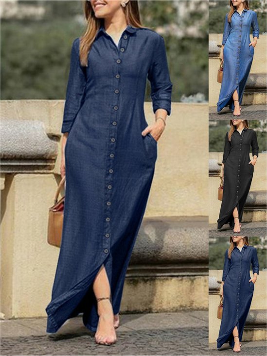 Damen Unifarben Langarm Frühling/Herbst Kleid Stehkragen Täglich Lässig Maxikleid Blusenkleid H-Linie Kleid