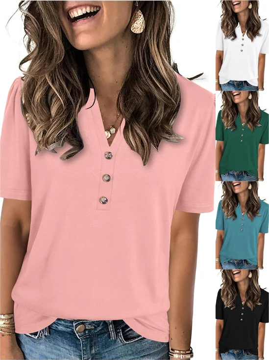 Damen Unifarben Kurzarm T-Shirts T-Shirt V-Ausschnitt Lässig Sommer Oberteile