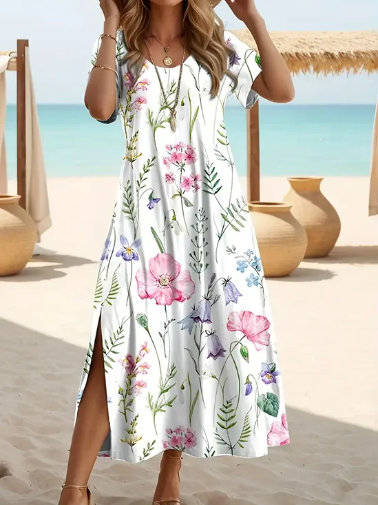 Damen Geblümt Kurzarm Sommer Print Kleid Rundhals Täglich Lässig Maxikleid Passen & Flare Kleid A-Linien-Kleid