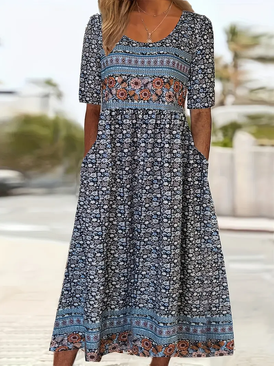 Damen Geblümt Kurzarm Sommer Print Kleid Rundhals Täglich Lässig Maxikleid Etuikleid H-Linie Kleid