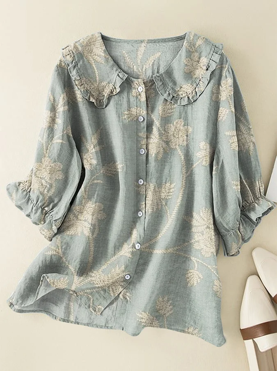 Damen Geblümt Kurzarm Bluse Sommer Print Schalkragen Täglich Lässig Oberteile