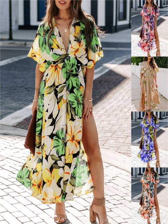 Damen Geblümt Halbarm Sommer Schlitz Kleid V-Ausschnitt Täglich Lässig Maxikleid Fließendes Kleid A-Linien-Kleid